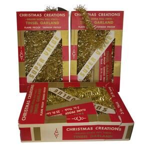 Vintage Christmas Creations Gold Tinsel Garland Extra Full 3 In Set of 3 Boxes